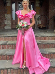 Cap Sleeves Hot Pink Satin Long Prom Dresses with High Slit, Long Pink Formal Graduation Evening Dresses