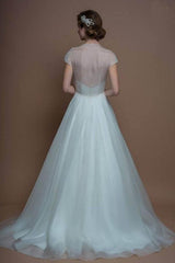 Cap Sleeves V Neck A-line Long Organza Wedding Dresses With Beading  WD128