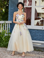Tea Length Floral Tulle Gown Daffodil