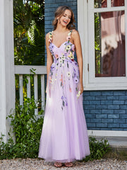 Tea Length Floral Tulle Gown Lilac