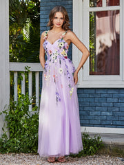 Tea Length Floral Tulle Gown Lilac