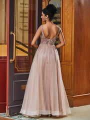 Illusion Neck Beads Rhinestones Decor A-line Tulle Dress Dusty Rose