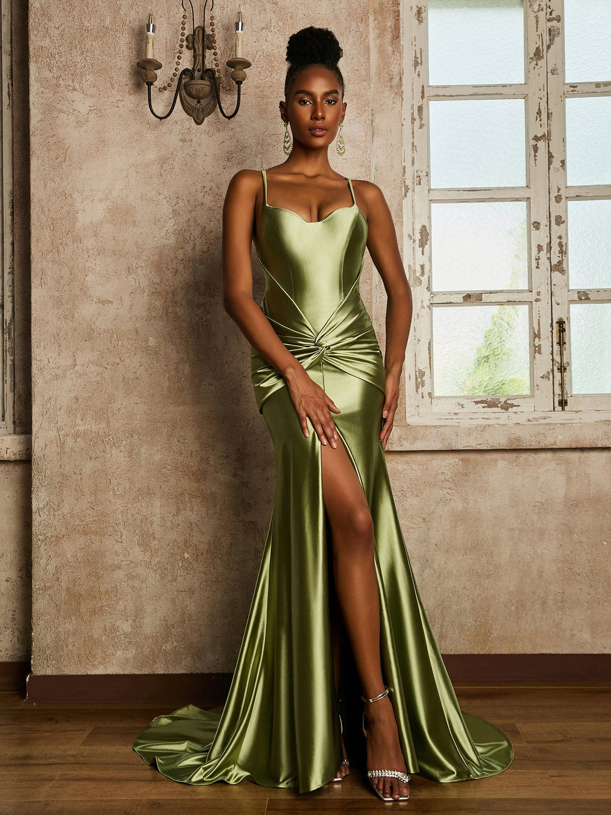 Waist Pleated Mermaid Stretch Satin Dress Dusty Sage