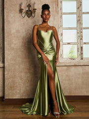 Waist Pleated Mermaid Stretch Satin Dress Dusty Sage