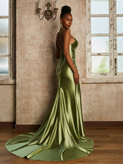Waist Pleated Mermaid Stretch Satin Dress Dusty Sage