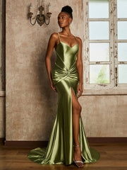 Waist Pleated Mermaid Stretch Satin Dress Dusty Sage