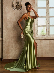 Waist Pleated Mermaid Stretch Satin Dress Dusty Sage