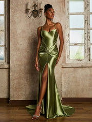 Waist Pleated Mermaid Stretch Satin Dress Dusty Sage