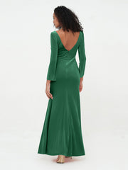 V neck Mermaid Velvet Max Dresses with Sleeves Dark Green