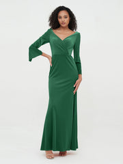 V neck Mermaid Velvet Max Dresses with Sleeves Dark Green