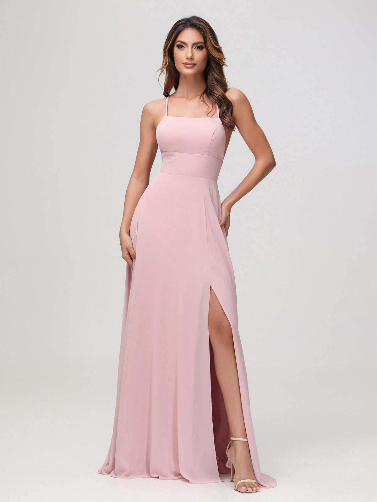 A-Line Square Chiffon Dress With Slit Dusty Rose