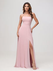 A-Line Square Chiffon Dress With Slit Dusty Rose