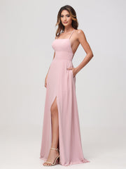 A-Line Square Chiffon Dress With Slit Dusty Rose