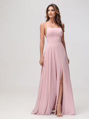A-Line Square Chiffon Dress With Slit Dusty Rose
