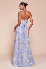 CASSIE GOWN - BLUE - STRAPLESS A-LINE FLORAL SATIN CHIFFON DRESS