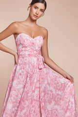 CASSIE GOWN - ROSE - STRAPLESS A-LINE FLORAL SATIN CHIFFON DRESS