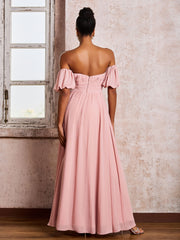 Flutter Sleeves Square Chiffon Dresses With Slit Dusty Rose