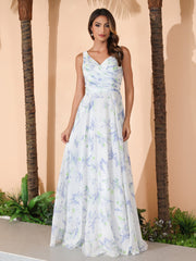 Lavender Floral V-neck Spaghetti Straps Bridesmaid Dress