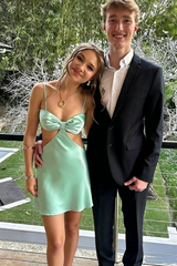 Casual Mint Spaghetti Straps Waist Cutout Satin Short Homecoming Party Dress