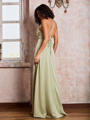 Spaghetti Straps Square Floor-length Dresses With Slit Dusty Sage