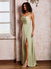 Spaghetti Straps Square Floor-length Dresses With Slit Dusty Sage