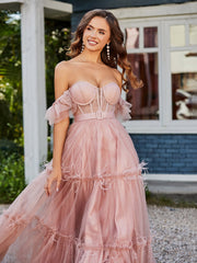 Boho Tiered Skirt Corset Bodice Tulle Dress Dusty Rose