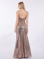 Spaghetti Strap Sequins Gown with Sweetheart Metallic Gold