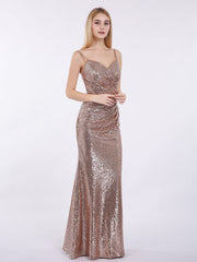 Spaghetti Strap Sequins Gown with Sweetheart Metallic Gold
