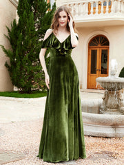 V-neck Ruffled Bodice Max Velvet Dresses With Silt Olive Green