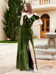 V-neck Ruffled Bodice Max Velvet Dresses With Silt Olive Green