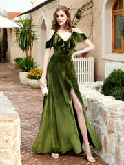 V-neck Ruffled Bodice Max Velvet Dresses With Silt Olive Green