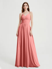 Spaghetti Strap V neck Chiffon Dress with Pockets Sunset