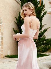 V-neck Velvet Mermaid Dress With Slit Pearl Pink