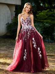 Lace Applique High Slit Tulle Dress Burgundy