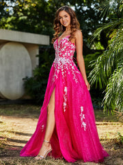 Lace Applique High Slit Tulle Dress Fuchsia