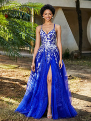 Lace Applique High Slit Tulle Dress Royal Blue
