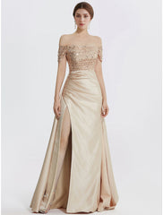Sheath Column Evening Gown Elegant Dress Formal Floor Length Short Sleeve Off Shoulder Sequined with Glitter Pleats Slit
