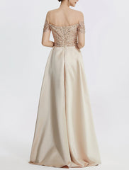 Sheath Column Evening Gown Elegant Dress Formal Floor Length Short Sleeve Off Shoulder Sequined with Glitter Pleats Slit
