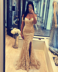 Off The Shoulder Lace Mermaid Prom Dresses With Slit
