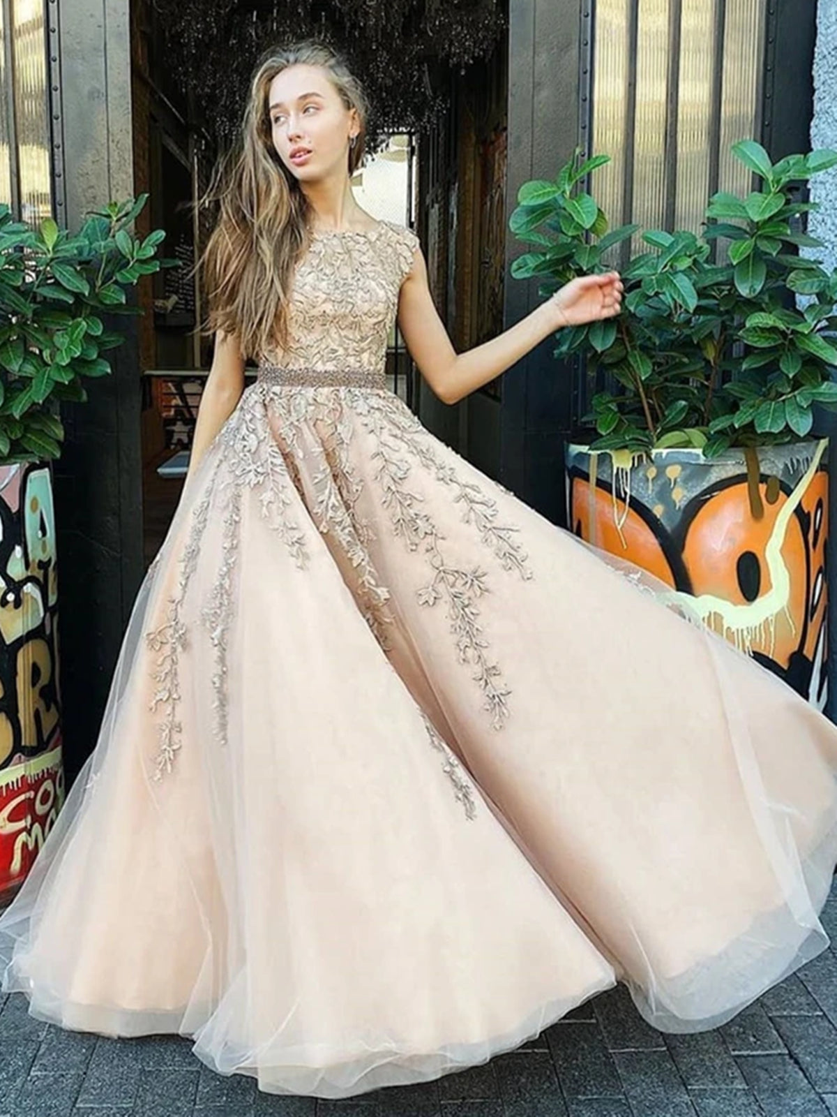 Champagne Backless Lace Wedding Dresses, Open Back Champagne Prom Formal Dresses