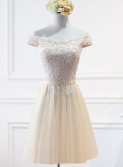 Champagne Lace Applique Off Shoulder Tulle Party Dress Homecoming Dress, Tulle Short Prom Dress
