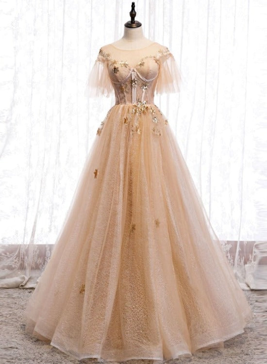 Champagne Puffy Sleeves Tulle Long Evening Dress Party Dress, A-line Tulle Prom Dresses