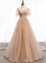 Champagne Puffy Sleeves Tulle Long Evening Dress Party Dress, A-line Tulle Prom Dresses