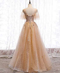 Champagne Puffy Sleeves Tulle Long Evening Dress Party Dress, A-line Tulle Prom Dresses