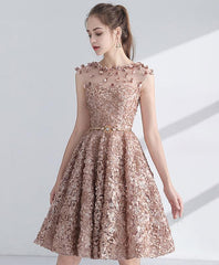 Champagne Round Neckline Lace Short Party Dresses, Lace Homecoming Dresses