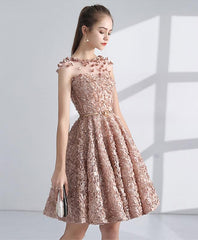 Champagne Round Neckline Lace Short Party Dresses, Lace Homecoming Dresses