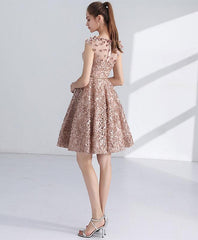 Champagne Round Neckline Lace Short Party Dresses, Lace Homecoming Dresses