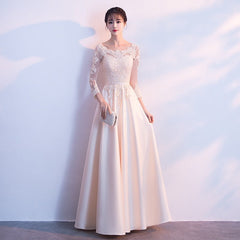 Champagne Satin with Lace Long Sleeves Prom Dress Evening Dress, A-line Simple Bridesmaid Dresses
