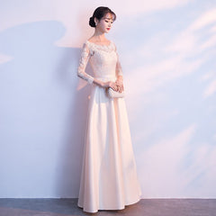 Champagne Satin with Lace Long Sleeves Prom Dress Evening Dress, A-line Simple Bridesmaid Dresses