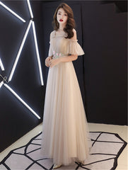 Champagne Tulle A-line Off Shoulder Formal Dress with Flowers, Simple Prom Dresses Party Dress